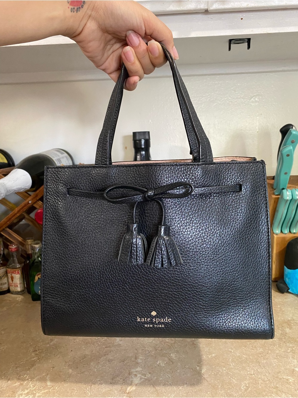 kate spade Black Pebbled Leather Satchel with Tassels with Flaws on top handle